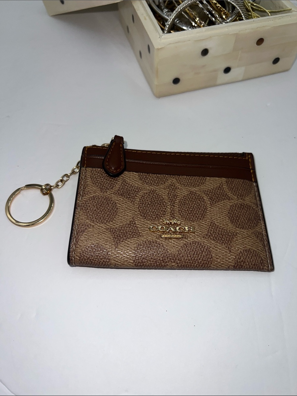 Coach Brown Signature Card Case with Gold Key Ring
